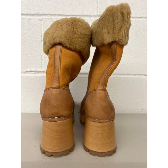 swedish hasbeens shearling clog boots sz38 brown pull on leather suede tan fur - Picture 4 of 5